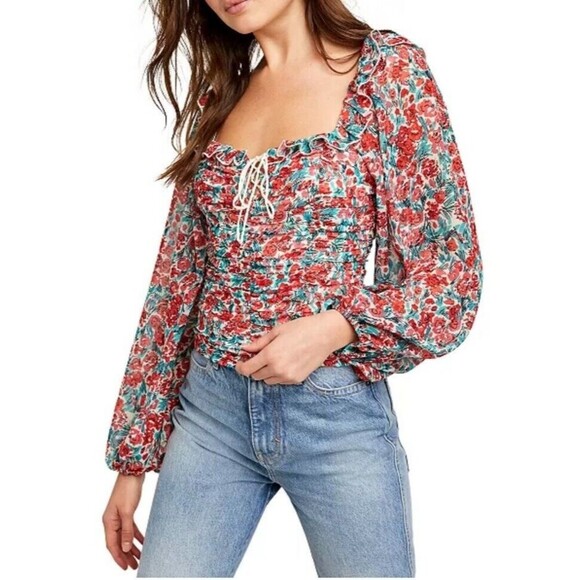 Free People Mabel Printed Rose Top Women XS Red Floral Ruched Fairy Boho - Picture 8 of 8